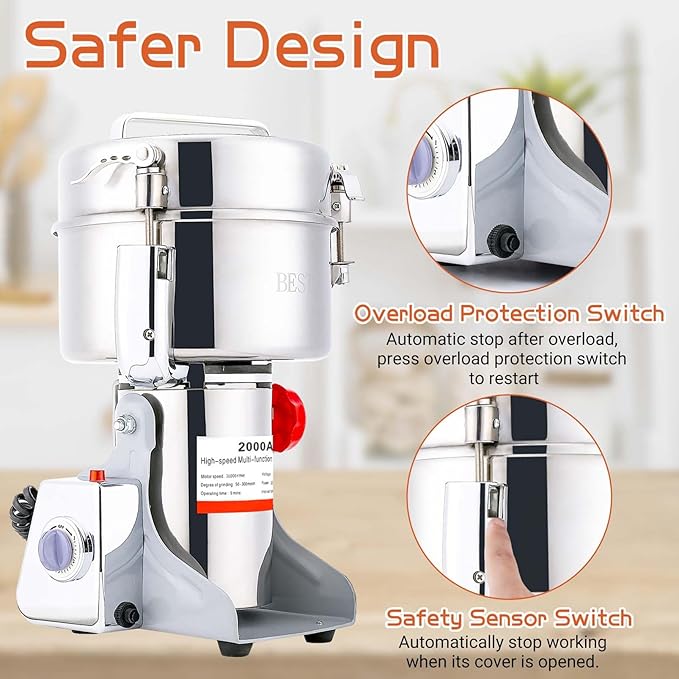 BI-DTOOL Electric Grain Mill Grinder 2000g Stainless Steel Pulverizer 36000r/min High-speed Grain Mill 3500W Dry Material Grinding Machine 270° swingable Superfine powder for Home and Commercial
