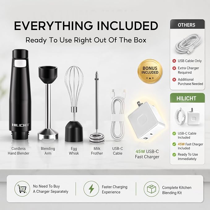 Cordless Immersion Blender, 3-in-1 Hand Blender with Charger | Blend Anywhere: Wall Charger, Brushless Motor, Whisk & Frother, 60+ Bowls, Smoothies, Soup, Baby Food
