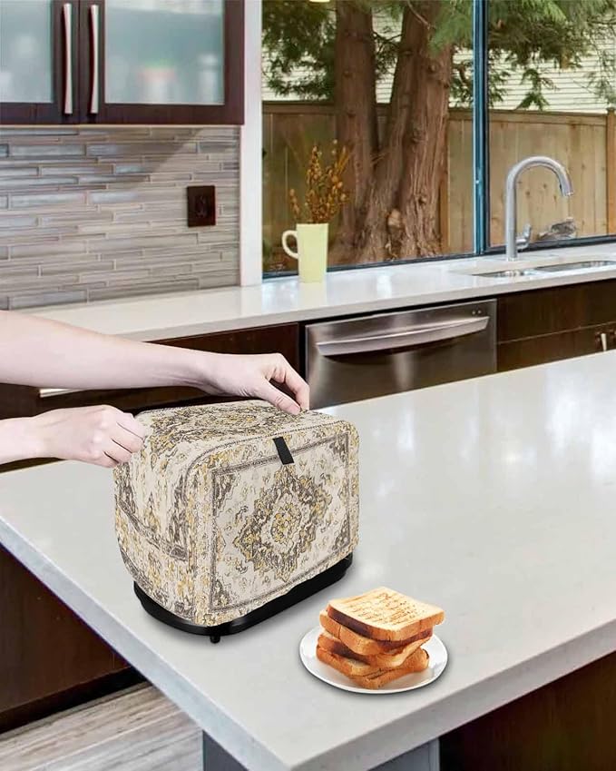 Beige Vintage Boho Toaster Cover 2 Slice, Ethnic Tribal Dustproof Bakeware Oven Protector with Top Hook, Geometric Abstract Waterproof Small Kitchen Appliance Toasters Dust Cover, 11"x6"x8"