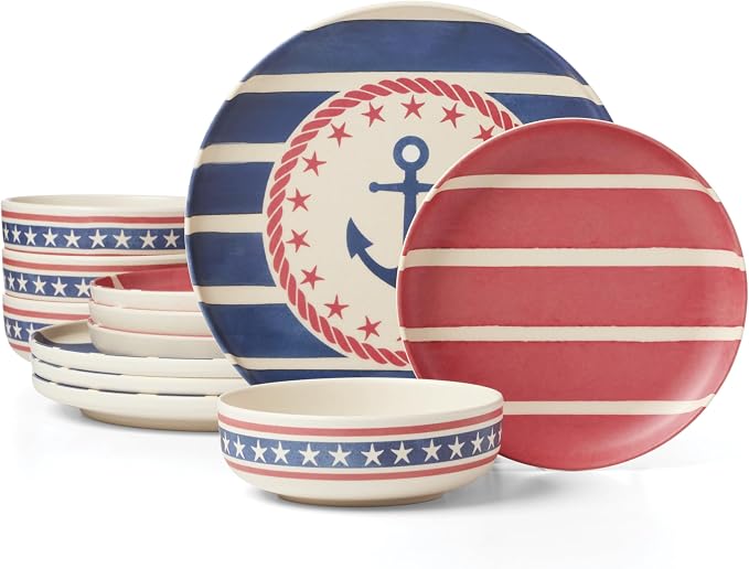 Oneida Dinnerware Sets, 24 Seven Melamine, Aweigh We Go 12-Piece Dinnerware Set, Service For 4, Melamine Material, Dishwasher Safe, Plates And Bowls, Dinner Dishes, Kitchen, Dining(Assorted, 12 Piece)