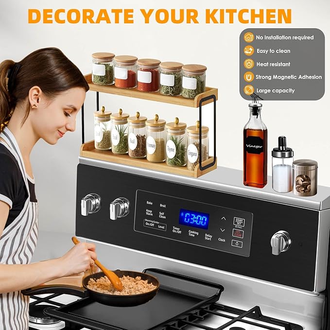 30" Magnetic Over the Stove Shelf,Stove Top Shelf,Over Oven Shelf,Stove Shelf for Back of Stove, Heat-Resistant and Wooden,Space-Saving Kitchen Storage (Wood Color, 2 Layer 2 pcs)
