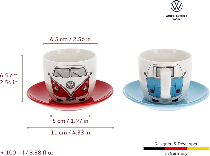 BRISA VW Collection - Volkswagen Espresso Cups Coffee-Tea-Cappuccino Set in T1 Bus Campervan Design (Bus Front/100ml/3.4 fl oz) (Set of 2 (red, blue))