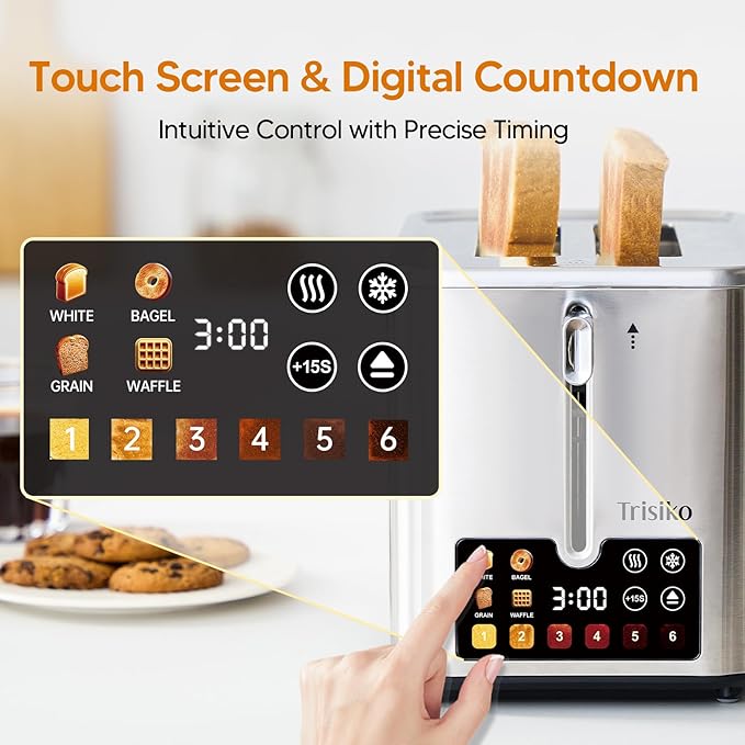 Trisiko® Touch Screen Toaster 2 Slice, Stainless Steel Smart Toaster with Digital Timer, 1.38" Extra-Wide Slots for Bread& Bagel, Great for Home, Office,Dorm