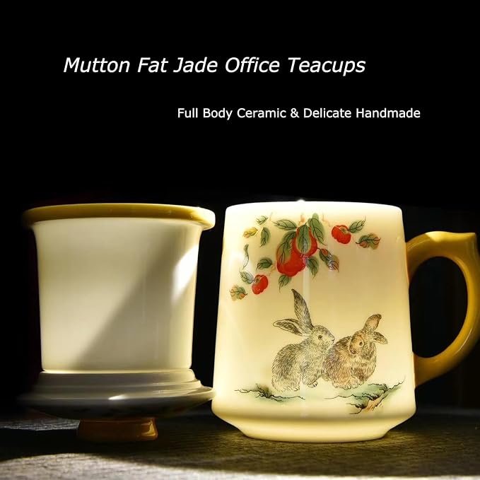 1set Ceramic Tea Cup 3 in 1 Porcelain Tea Mug with Infuser/Lid/Handle Large Bone Mug 0.11gal/415ml Rabbit Pattern Tea Cup Gift Sets for Women Personal Coffee Mugs Office/Home-TC350