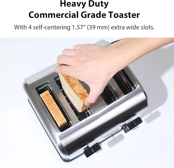 1800W Commercial Grade 4-Slice Pop Up Toaster -Stainless Steel 6-Browning Settings for Bread with Removable Crumb Tray for Bagel Bread English Muffins, Waffles (Commercial & Home Use)