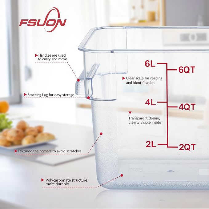 4 Pack 6 Qt Square Polycarbonate Food Storage Containers with Lids | Clear BPA-free PC with lids, side handles, measurement scale and stackable design; for food prep, storage and freezer use.
