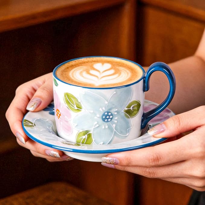 KAMMAK Tea Cups and Saucers Set of 2, Porcelain Coffee Cups, 8.5-Ounce Stackable Espresso Mugs, Ceramic Demitasse for Coffee, Latte, Americano, GX19