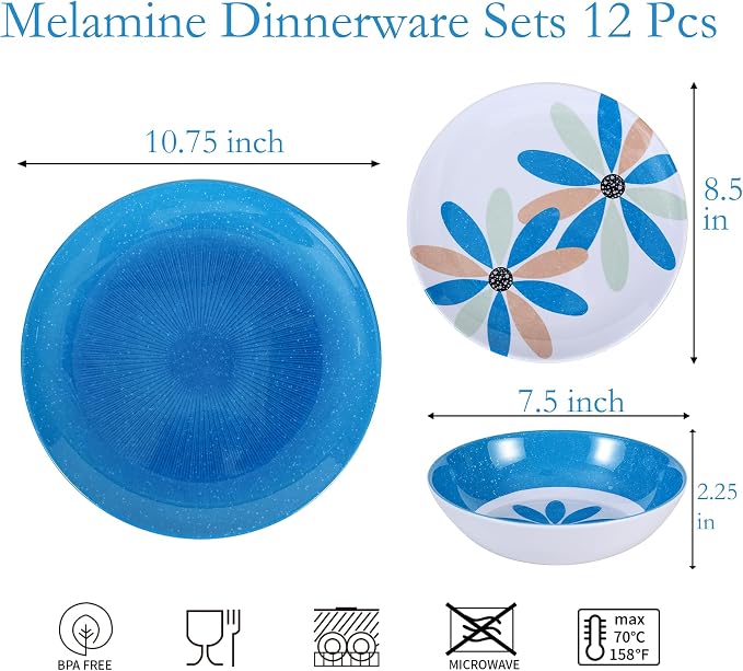 Melamine Dinnerware Set 12 Pieces Outdoor, Spring Party Blue | Flowers Pattern, Unbreakable Plates & Bowls, Dishwasher Safe, Lightweight, For Picnic Pool Party Camping