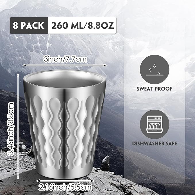 Mimorou 8 Pack 8.8oz Stainless Steel Cups Pint Cup Metal Double Layer Insulated Drinking Beer Water Tumbler Camping Reusable Stackable for Office Party Hot Cold Drink(Wave Pattern)
