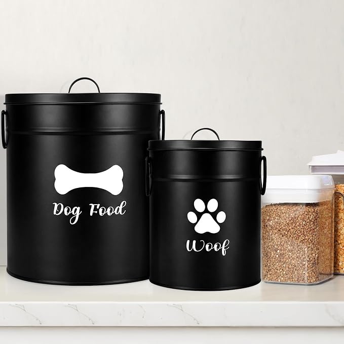 DoubleFill Extra Large 23+10 lb Metal Dog Food Storage Containers Set of 2 Black Airtight Dog Treat Snack Jars with Lids and Spoon Farm House Style Big Pet Cookie Jar for Kitchen Counter Gift