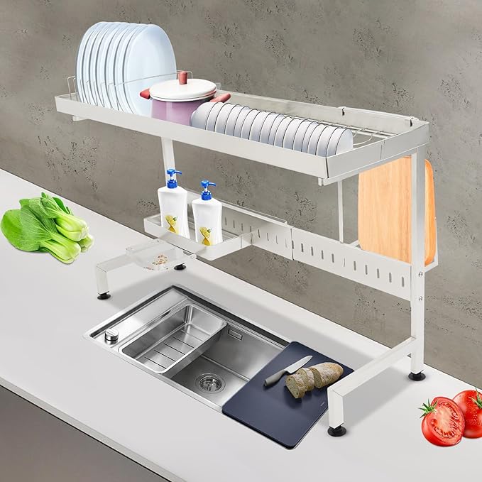 Adjustable Over The Sink Dish Drying Rack with Chopstick Holder and Cutting Board Rack - High Load Capacity 110lbs, Retractable Design 24.8-33.86 inches for Kitchen