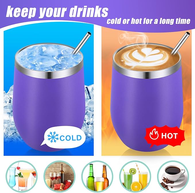 Remagr 16 Pack Stainless Steel Wine Tumblers 12 oz Insulated Vacuum Wine Cup Set Double Wall Stainless Steel Stemless Mug Glasses for Coffee Soda Whiskey Outdoor Travel (Purple)