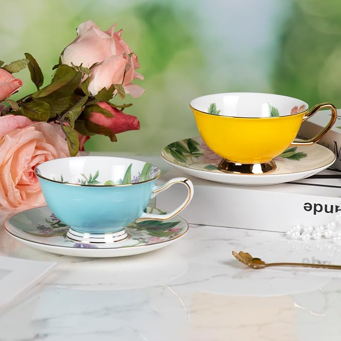 KAMMAK Tea Cups and Saucers Set of 2, Porcelain Coffee Cups, Stackable Espresso Mugs, Ceramic Demitasse for Coffee, Cappuccino, Latte, Americano, Tea, Peony + Hydrangea