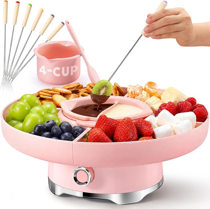 LUSHYUM Electric Chocolate Fondue Set, 4-Cup Chocolate, Rotating Tray | Melt & Warm Modes, Dual Silicone Inserts, 6 Color-Coded Forks, Easy-Clean, Ideal for Candy Melts, Couple Family, Date Night