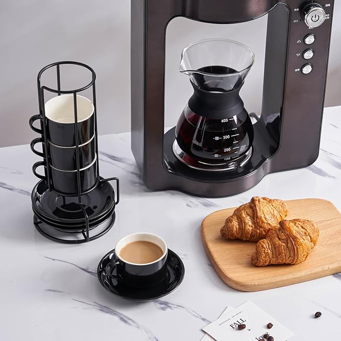YOLIFE 2.5oz Espresso Cups Set of 4, Porcelain Stackable Espresso Cups, Expresso Shots Cup Set with Saucers and Metal Stand-Black