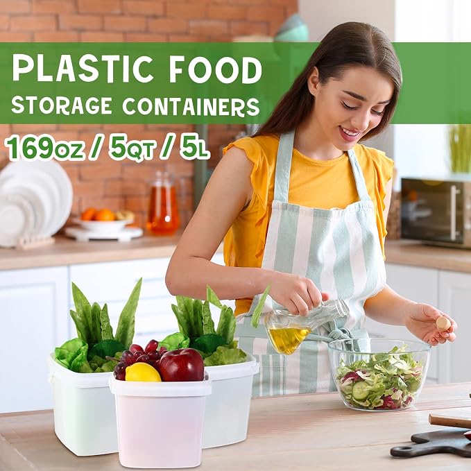 Mifoci 24 Pack5 Qt/169 Oz/5 L Thicken Plastic Buckets with Lids & Handles, Ice Cream Container, Food Grade, Freezer Safe, Sealable Square Reusable Storage Bucket, All Purpose Pails for Soup Fruit Deli