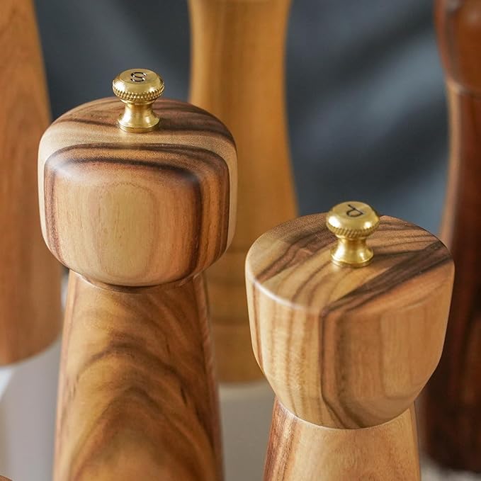 Salt and Pepper Mill Set with Tray, Adjustable Ceramic Grinder Salt Mill, Stainless Steel Grinder Pepper Mill, Acacia Wood, 20.5 cm/ 8 Inch Height, Bottom Dia 6 cm /2.36 inch