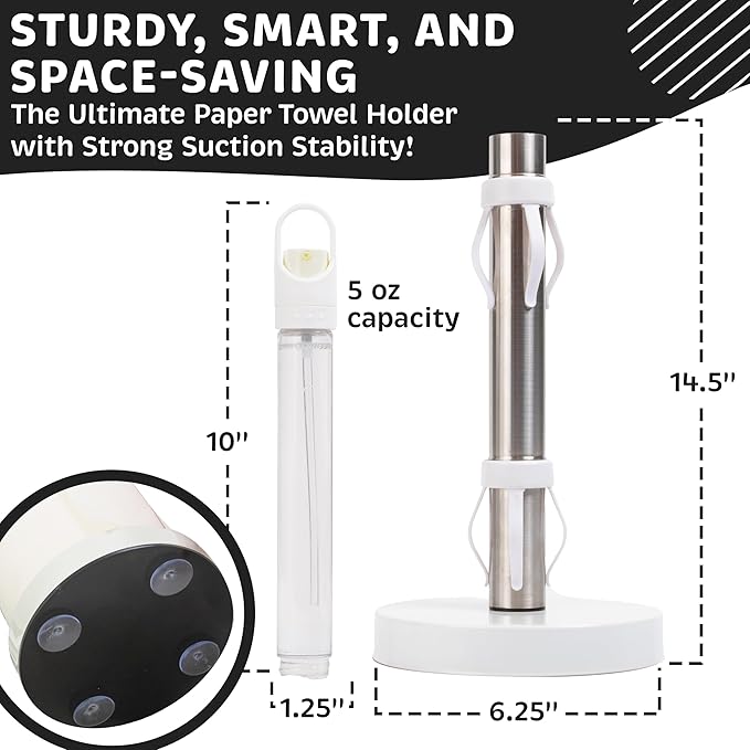Stainless Steel Paper Towel Holder with Spray Pump – One-Handed Tear, Smart Traction System, 5 oz Sprayer Bottle, Heavy Duty Suction Cups, Weighted Base, Kitchen Towel Dispenser for Countertop Use