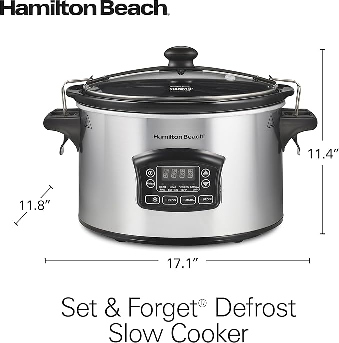 Hamilton Beach Portable 6 Quart Set & Forget Programmable Slow Cooker | Defrost Setting | Lid Lock For Easy Travel | Dishwasher Safe Crock & Glass Lid | Silver | 33869