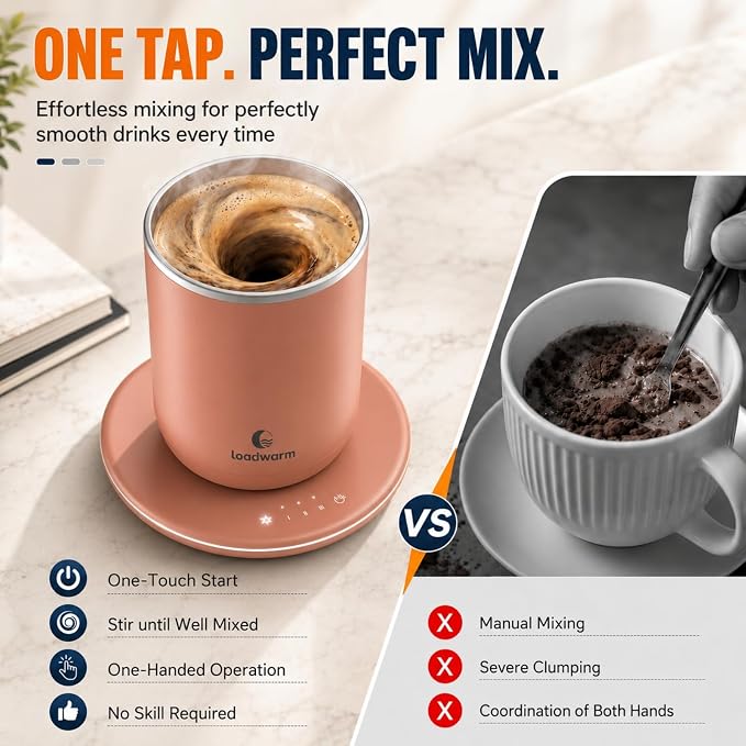 Self Heated Stirring Coffee Mug, 10oz Auto Mixing Cup with Warmer, Rose | 3 temp settings, food-grade stainless steel interior, 8-hour auto shut-off, plug-in desk mug with Warmer for office home