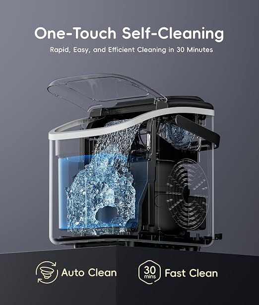 ecozy Portable Ice Makers Countertop, 8 Cubes in 6 Mins, 26lbs/Day, Bullet Ice Maker Machine with 2 Ice Sizes, Self-Cleaning Ice Maker with Carry Handle for Home/Kitchen/Party/Travel - 2026 Version