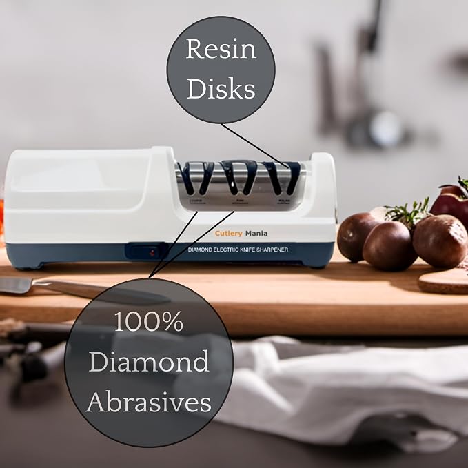 Simple Sharp Professional Electric Knife Sharpener | 3 Stage Precision Sharpening System for Straight and Serrated Blades with Diamond Abrasives | Effortless Precision Sharpening (White)