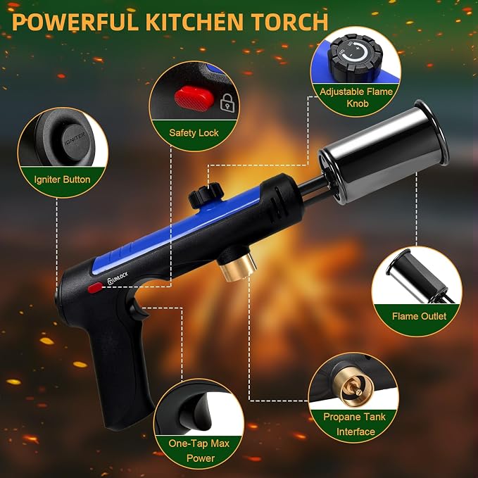 Powerful Propane Torch with One-Touch Max Fire, Adjustable Kitchen Torch with Safety Lock, Flamethrower, Blow Torch Gun for Grill, BBQ, Sous Vide, Campfire Starter (Tank Not Included)