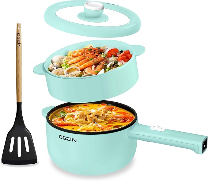 Dezin Hot Pot Electric, 2L Non-Stick Sauté Pan, Rapid Noodles Cooker, Mini Portable Pot for Steak, Egg, Fried Rice, Ramen, Oatmeal, Soup with Power Adjustment & Spatula, College Dorm Room Essential