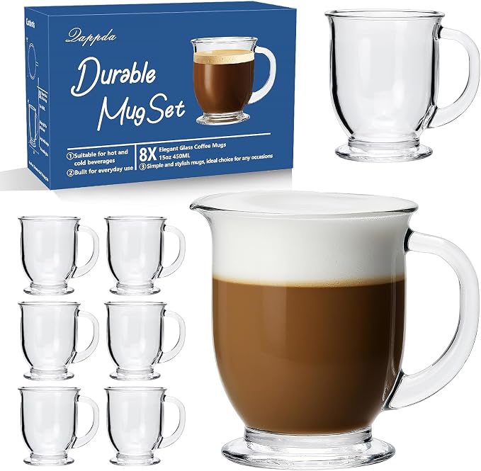 Coffee Mugs Set of 8, Clear Large Coffee Mug 15 OZ With Handles，Transparent Tea Cup for Hot/Cold Beverages, Glassware Set for Americano, Latte, Cappuccino