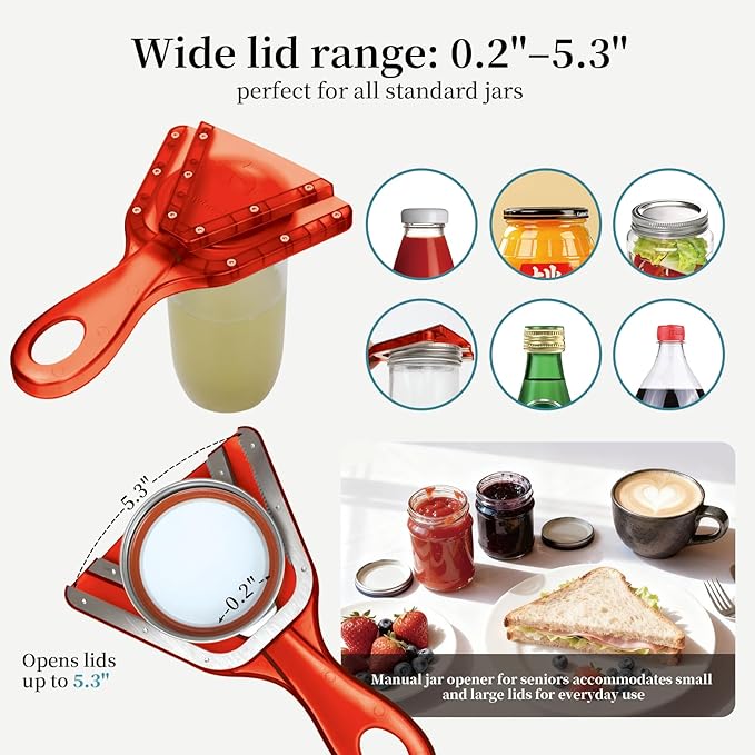 Jar Opener for Weak Hands & Seniors with Arthritis, Easy Twist-Off Lid & Bottle Opener, Ergonomic Handle with Stainless Steel Teeth, Practical Kitchen Gift for Elderly, Women & Men (0.2–5.3 in, Red)