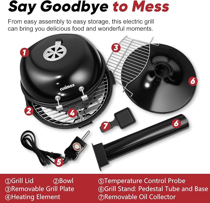 Electric Grill, CUSIMAX Electric Indoor/Outdoor Grill, 1600W Portable BBQ with Lid for Indoor & Outdoor Use, Adjustable Heat, Removable Stand Grill for Cookouts, BBQ Gatherings, Small Spaces