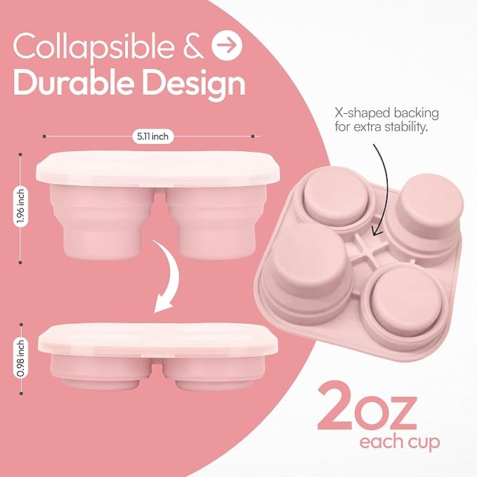 Silicone Freezer Tray with Lid - Stackable 2 oz Large Ice Cube Molds for Homemade Purees, Egg Bites, Broth Food Storage - Dishwasher Safe - Pink