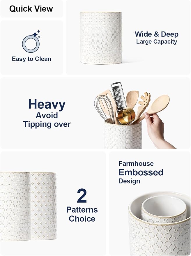 LE TAUCI Utensil Holder for Kitchen Counter - 7.1" Large Ceramic Utensil Crock, Cooking Utensil Organizer for Spatula, Spoon, Whisk - Farmhouse Kitchen Countertop Storage, Embossed, Fireworks