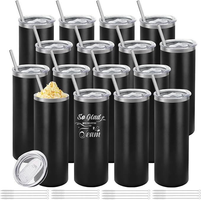 YOUKE OLA 16 Pack Stainless Steel Skinny Tumblers Bulk Straight Double Wall Powder Coated Insulated Tumbler with Lid and Straw for Laser Engrave, DIY Gift, 20oz Black