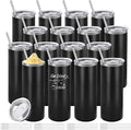 YOUKE OLA 16 Pack Stainless Steel Skinny Tumblers Bulk Straight Double Wall Powder Coated Insulated Tumbler with Lid and Straw for Laser Engrave, DIY Gift, 20oz Black