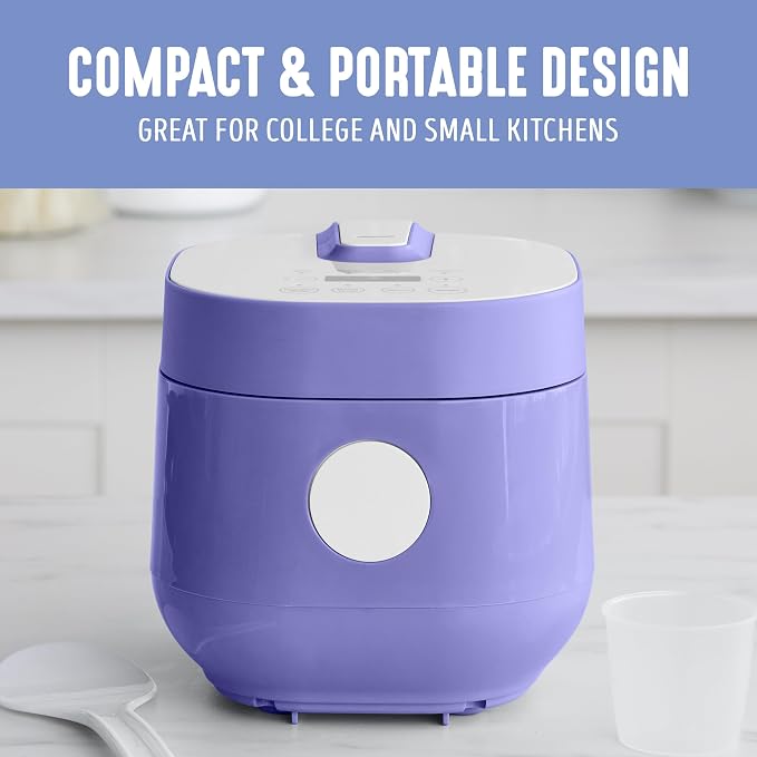 GreenLife Digital Rice Cooker, 2-Cups Uncooked/4-Cups Cooked, Removable Nonstick Ceramic PFAS-Free Pot, One-Touch Presets, Oats, Quinoa, Brown Rice, Auto Keep Warm, Fuzzy Logic Tech, 1.5 QT, Periwinkle
