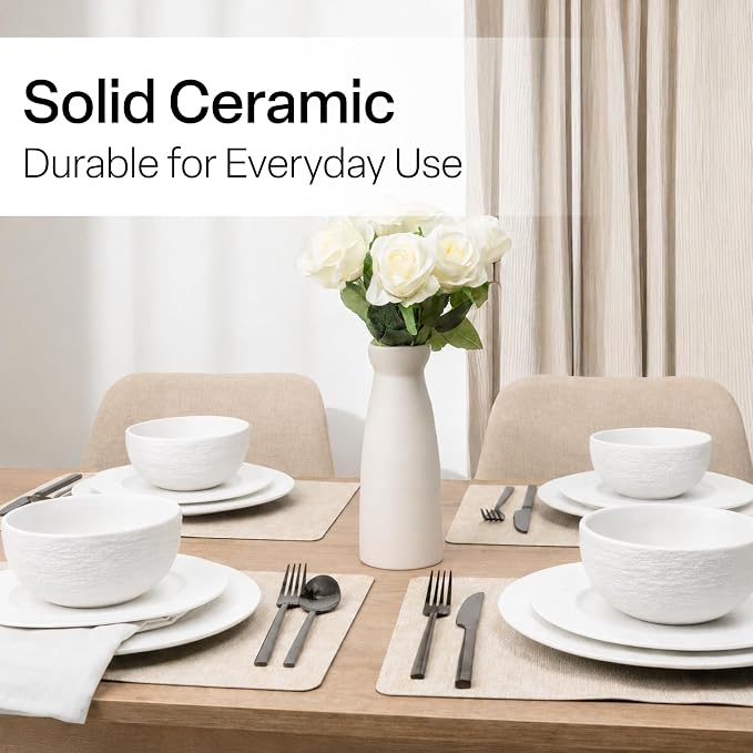MIAMIO - 12-Piece Dinnerware Set, 4x Dinner Plates (28 cm), 4x Breakfast Plates (23 cm), 4x Bowls (750 ml), 12-Piece Set for 4 People - Microwave and Dishwasher Safe - Oasis Collection (White)