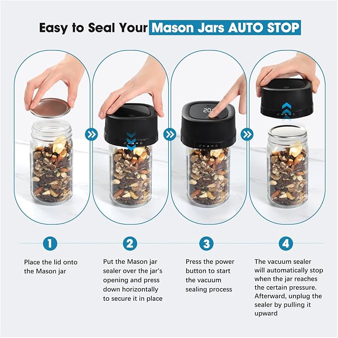 ZIWEO Mason Jar Vacuum Sealer Kit for Wide Mouth and Regular Mouth Mason Jars, Electric Vacuum Sealer with Suction Nozzle, 10 Lids and 1 Vacuum Bag, Compact and Auto Stop Design