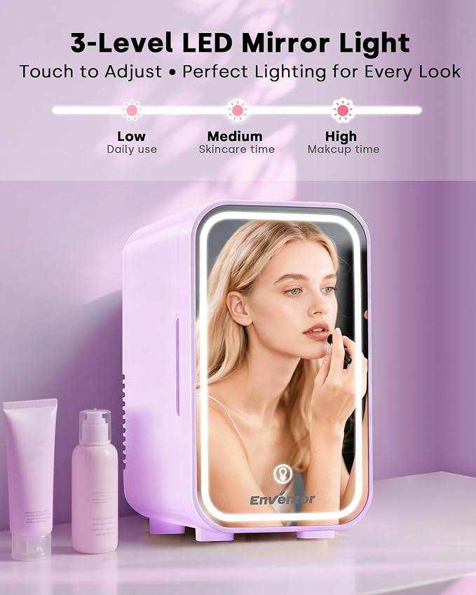 Enventor Mini Skincare Fridge Small Refrigerator for Bedroom, Beauty Fridge for Makeup with Dimmable LED Mirror, 6 L / 8 Cans Compact Portable Cooler for College Dorm, Office, Car, Purple