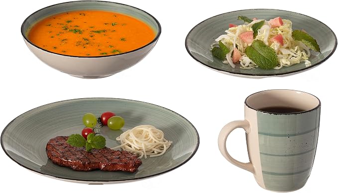 Rimmed Dinnerware Set | Mugs, Salad and Dinner Plates and Bowls Sets, Dishes with Highly Chip and Crack Resistant, Dishwasher and Microwave Safe (Green, Service For 8)