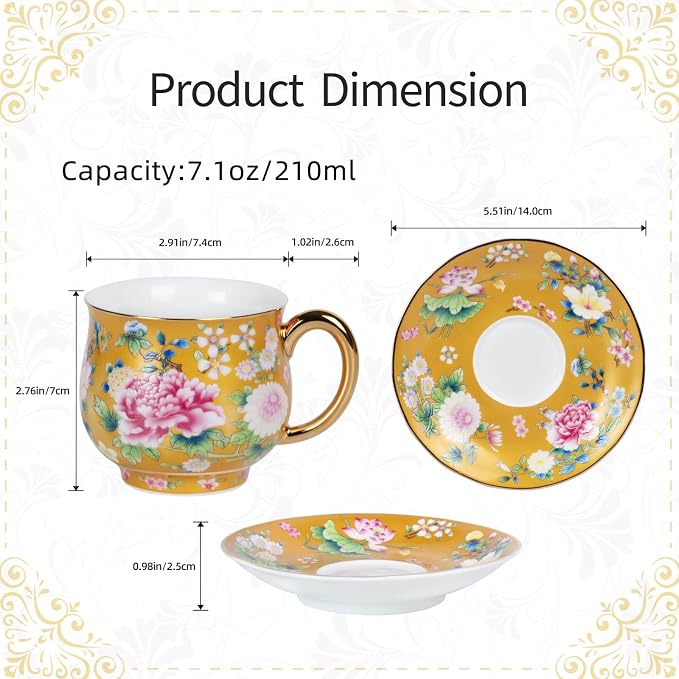 KAMMAK Tea Cups and Saucers Set of 2, Porcelain Coffee Cups, 7.1oz Stackable Espresso Mugs, Ceramic Demitasse for Coffee, Latte, Americano, Tea (942N+944N)