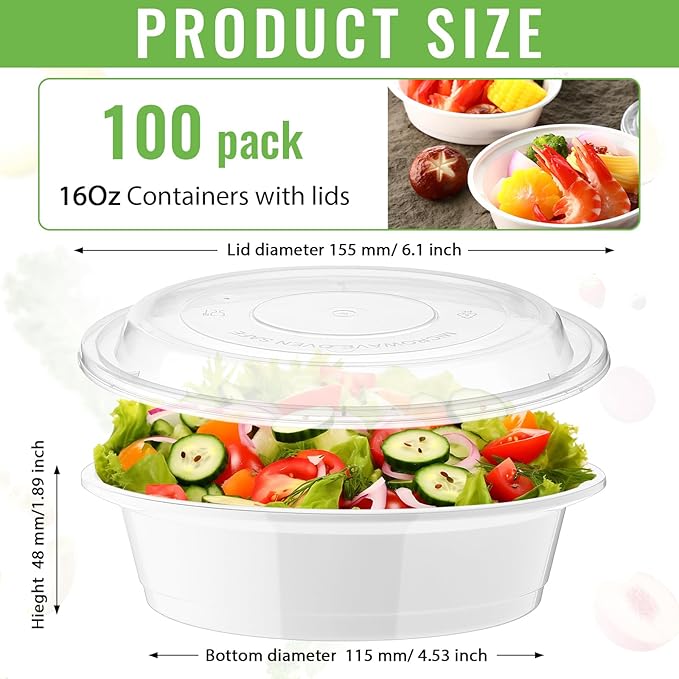 Nuenen 100 Pcs 16 oz Round Meal Prep Containers with Lids Plastic Containers Meal Prep Lunch Box Bowls Take out Food Storage Bento Box Microwavable Freezer Safe(White)