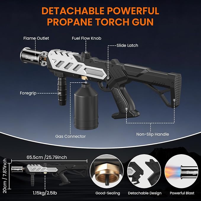 Propane Torch Gun, Detachable & Adjustable Flame Thrower Gun, 1800℃ Heavy Duty Blow Torch for BBQ, Searing Steak, Campfire Starter, Ice Melting and Soldering, Sliver (Tank Not Included)