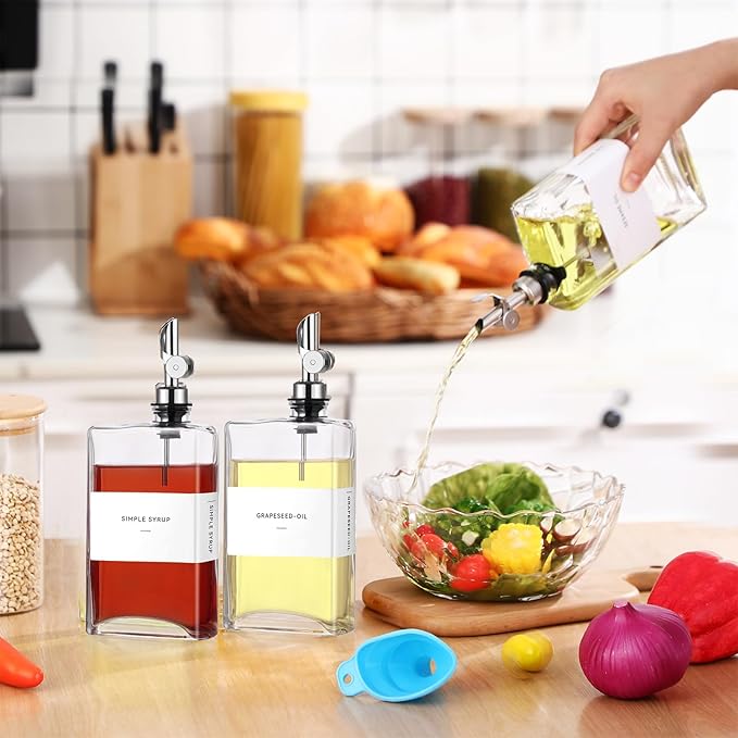 Reallnaive 4 Pcs Olive Oil Dispenser for Kitchen, Glass Olive Bottles Oil Seasoning Bottle Set Coffee Syrup Soy Sauce Dispenser(Silver,350 ml)