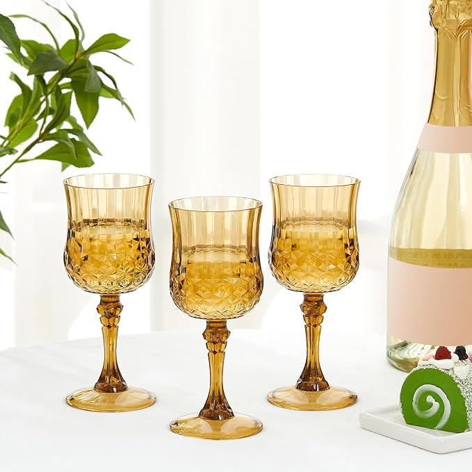 Pinkunn 6 Pcs 7 oz Plastic Vintage Wine Glasses Reusable Colored Goblets Patterned Drinking Water Glasses Cup Dishwasher Safe for Mother's Day Wedding Reception Party Supplies (Gold)