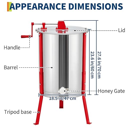 4 Frame Honey Extractor, Manual Stainless Steel Beekeeping Equipment, Honeycomb Drum Spinner with Transparent Lid & Adjustable Stand for Apiary Home Kitchen