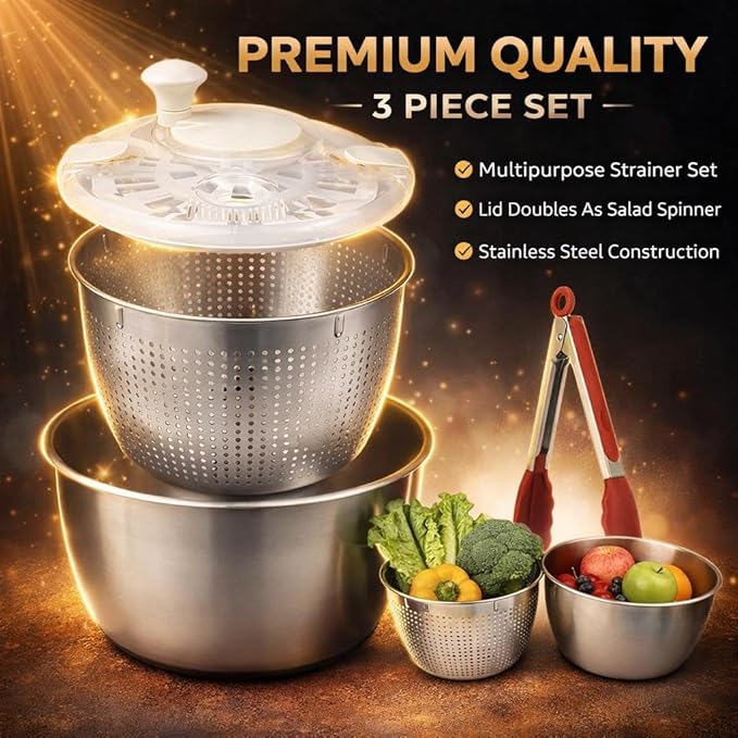 6L Stainless Steel Salad Spinner with Bonus Tong – Large Vegetable Spinner, Fruit Washer & Lettuce Dryer, Dishwasher‑Safe Stainless Salad Spinner with Strainer Bowl for Greens, Pasta & Small Fruits