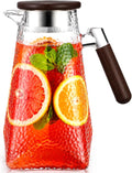 60 oz 1.8l Glass Pitcher with Lid, Borosilicate Glass Carafe with Solid Walnut Handle, Spout, Heat-resistant Beverage Jug for Iced Tea, Lemonade, Cold Brew, Fridge Safe(Hammered Texture)