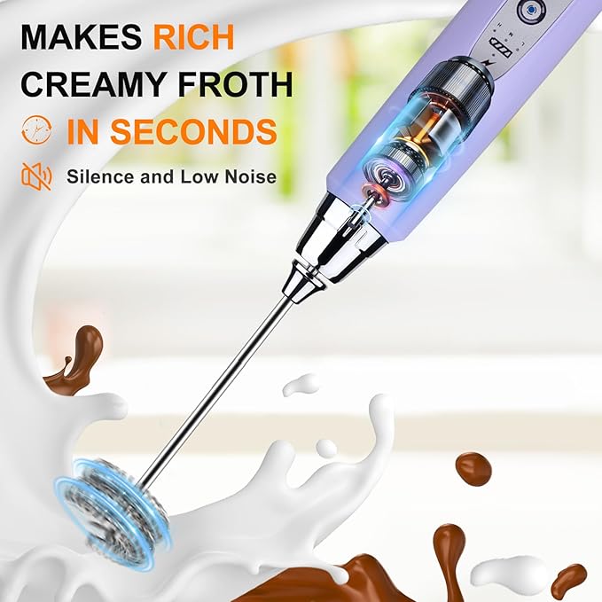 YUSWKO Light Purple Rechargeable Milk Frother for Coffee with Stand, Handheld Drink Mixer with 3 Heads 3 Speeds Electric Stirrers for Latte, Cappuccino, Hot Chocolate, Egg