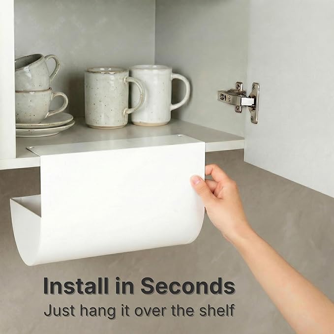 Under Cabinet Paper Towel Holder - No Drill Shelf Mount, Easy Tearing Design, Space-Saving, Magnet-Ready Steel Surface, Fits Standard US Rolls up to 11" (White)
